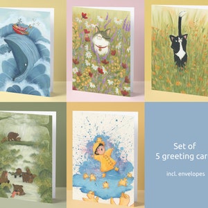 Set wenskaarten voor elke gelegenheid. Set bevat kaarten van katten in bloemen, kaarten voor kinderen, kaart met beren en oceaanthema's.