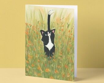 Greeting card of a cat in a flower field. Card with cat and yellow flowers, Birthday card, high quality printed card, from original artwork