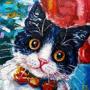 Peinture de chat, oeuvre d'art à l'huile originale, petite oeuvre d'art drôle de chat, cadeau d'art mural chat