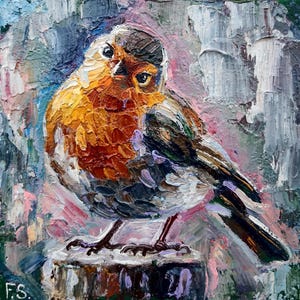 Pintura a óleo de pássaro Robin Original Arte pequena Animais Arte de parede Presentes exclusivos