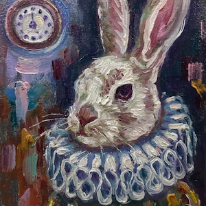 Pintura de coelho Arte original em óleo Coelho branco Pequena obra de arte Alice no país das maravilhas Lebre Arte de parede Única