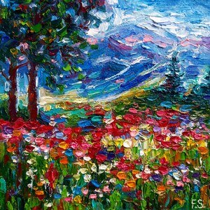 Pintura de prado Flores silvestres Arte original em óleo Pequena paisagem Impressionista impasto Obra de arte