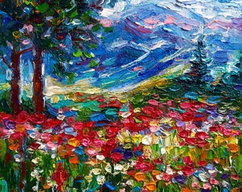 Weideschilderij origineel olieverfschilderij wilde bloemen klein landschap impasto