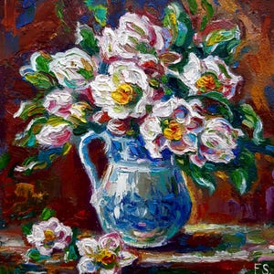Pintura de flores da primavera Floral Óleo original Jasmim Impressionista Impasto Arte de parede