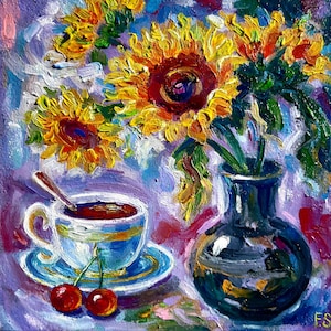 Sunflower  Painting Floral Original Oil Art Cup of coffee artwork Impasto impressionist