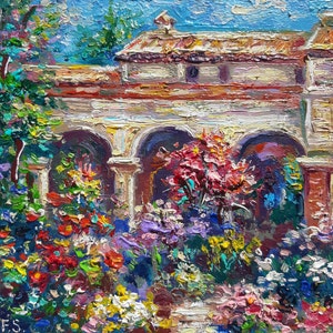 Dipinto ad olio originale "Giardino di campagna" Piccola opera d'arte italiana