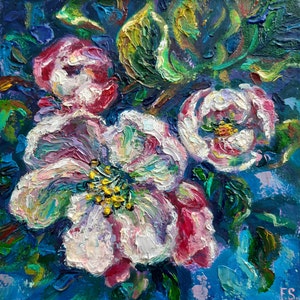 Fleur de pommier peinture florale originale art à l'huile petite oeuvre d'art Fleurs de printemps Art Art mural miniature 3D peinture cadeau 6 x 6