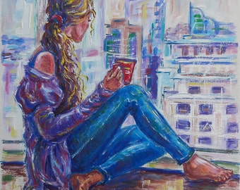 Ragazza che dipinge, arte figurativa originale, donna impressionista