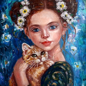 Girl with Cat Original Oil Painting On canvas Impressionist artwork