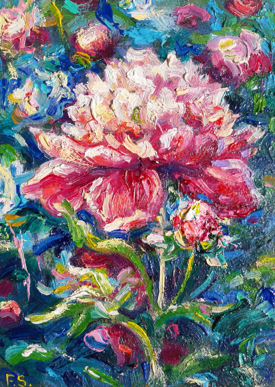 Pink Peony Oil Painting Flowers Original Art Small Artwork Floral 3D ...