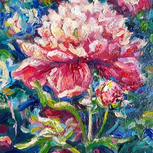Pintura a óleo de peônia rosa flores arte original pequena obra de arte floral pintura 3D