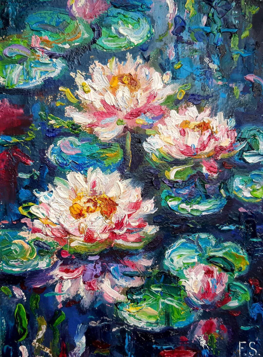 Water Lily Oil Painting Lotus Original Small Art Flowers Impasto ...