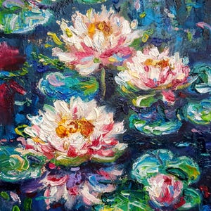 Pintura al óleo de nenúfar con loto, arte original, arte de pared pequeño, 5 x 7, regalo