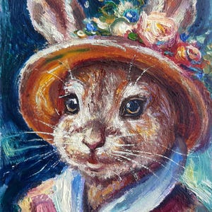 Pintura al óleo de conejo Obra de arte original Pequeño retrato de conejito Arte