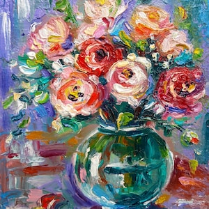 Pintura a óleo de rosas Floral Arte original Pequena obra de arte empastada Flores Semi-abstratas 5 por 6