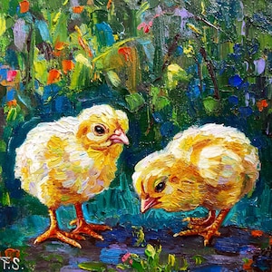Pintura a óleo original de frango, pequena obra de arte de parede de fazenda, pintura em impasto, arte impressionista