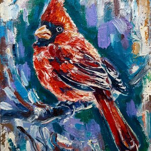 Pintura de pássaro em óleo original, pequena obra de arte, impasto impressionista