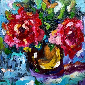 Pintura de rosas, arte floral original em óleo, miniatura de flor, impasto impressionista