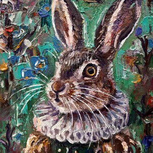 Pintura a óleo de lebre Coelho original Pequeno retrato Alice no país das maravilhas Presente exclusivo 6 por 7