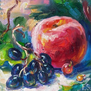 Pintura a óleo de pêssego, arte original pequena, natureza morta com frutas