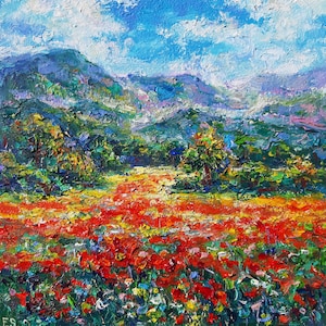 Pintura de campo de papoulas Prado Original Óleo de arte Pequena paisagem de impasto flores silvestres arte