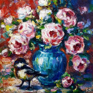 Pintura a óleo de rosas Floral Arte original Flores empastadas