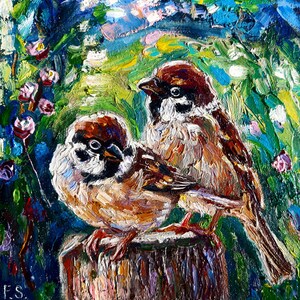 Pardal Pintura Casal Pássaros Original Óleo Arte Pássaro Miniatura Arte de Parede Pequena obra de arte Impasto Impressionista Presente Único