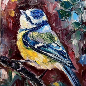 Chickadee-olieverfschilderij vogel origineel kunst aan de kleine muur Mees Impasto-kunstwerk 6 x 6 uniek cadeau