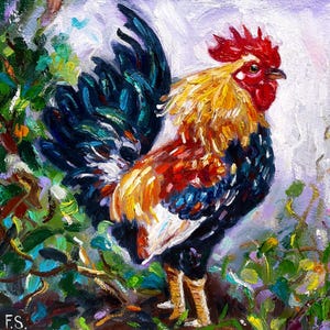 Rooster Painting Original Oil Art Chicken Small Painting Rooster Rustic Artwork Impasto