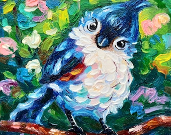 Tufted Titmouse Painting original Oil Bird Small Painting Impasto