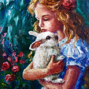 Menina com coelho pintura a óleo figurativa original pequena arte Alice no país das maravilhas presente exclusivo