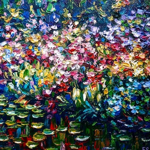 Pintura floral Arte abstracto al óleo original Obra impresionista de pradera Flores silvestres empastadas Paisaje Arte mural en miniatura
