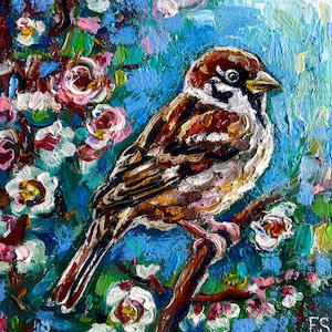Pintura de pássaro pardal arte original em óleo pequeno ramo de flor arte primavera impasto arte de parede presente para amantes de pássaros