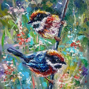 Pintura al óleo de pareja de pájaros, obra de arte original de pájaros pequeños empaste