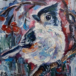Pintura a óleo original de pássaro em miniatura, 6 por 6, presente para ela