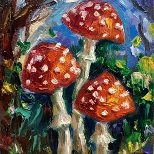 Pintura de cogumelo original Arte a óleo Pequena obra de arte Impasto Arte de parede de cogumelo presente