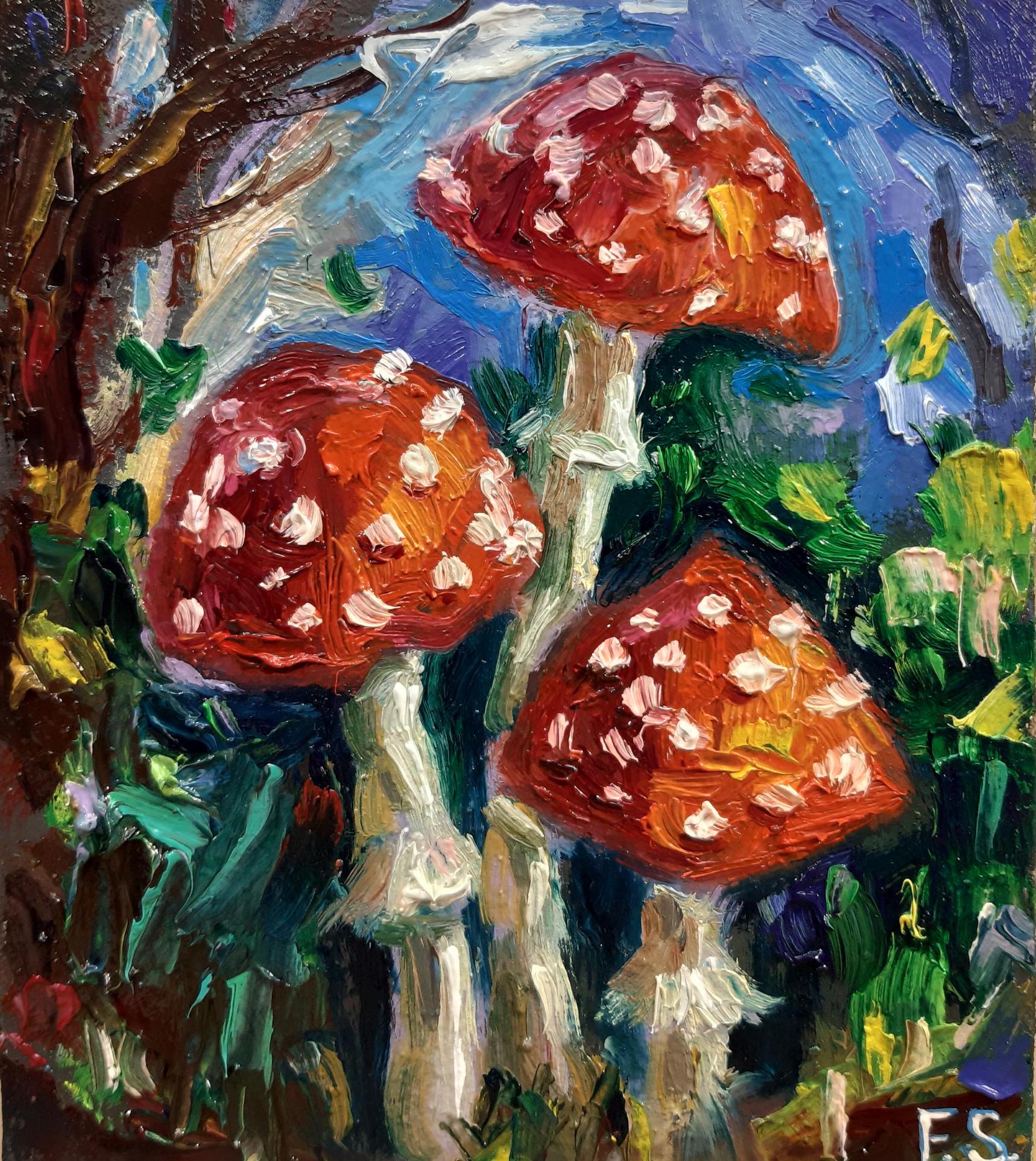 Pintura al óleo de hongos, impasto original, pequeña obra de arte