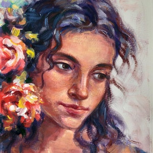Ritratto di ragazza dipinto a olio opera d'arte originale donna vintage arte regalo unico