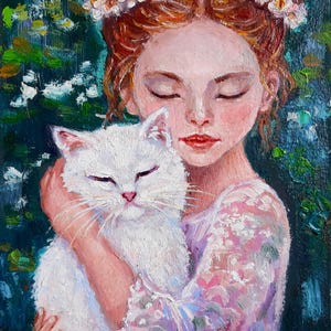 Fille avec un chat, peinture figurative à l'huile originale, oeuvre d'art impressionniste de chat blanc