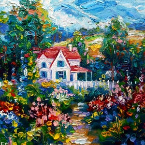 Pintura al óleo de campo, arte original, jardín de cabaña, obra pequeña, impasto, impresionista