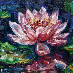 Pintura de nenúfar, lótus, arte original em óleo, Monet, arte de parede, pequena flor, pintura de lagoa, presente 5 por 5