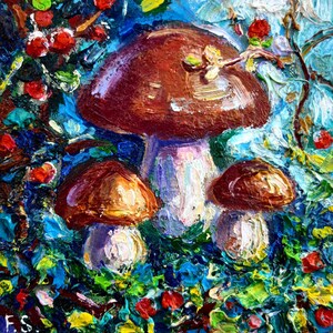 Pintura de hongos Obra de arte original al óleo Pequeña Arte de pared de cocina
