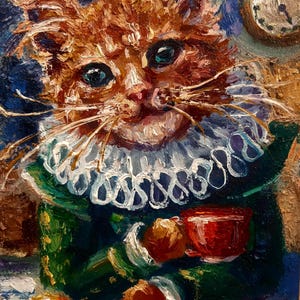 Retrato de gato medieval Pintura a óleo original Gato engraçado Pequeno animal de estimação Arte Presente exclusivo