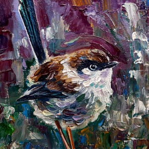 Pintura a óleo de pássaro de fada-wren original arte de parede de animal pequeno impasto arte impressionista