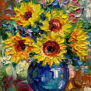 Girassóis Pintura Flor Original Óleo Arte Pequena Impasto Arte Presente Único