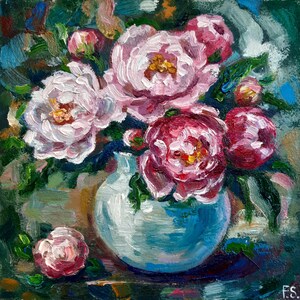 Peonías Pintura al óleo Arte floral original Pequeña obra de arte Flores empastadas Arte impresionista