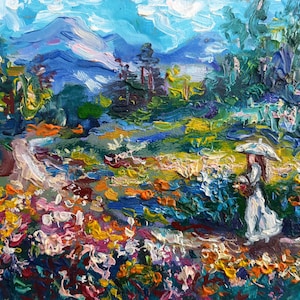 Platteland olieverfschilderij landschap origineel klein impasto kunstwerk meisje in het veld impressionisme kunst cadeau