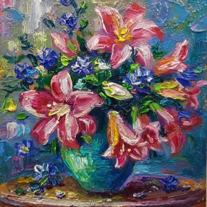Pintura a óleo de lírios Arte floral original Pequenas flores arte impressionista Presente exclusivo