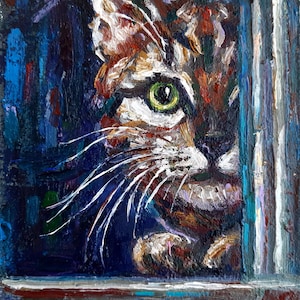 Pintura de gato original al óleo, retrato de gato en miniatura, empastado, regalo, 5 por 7