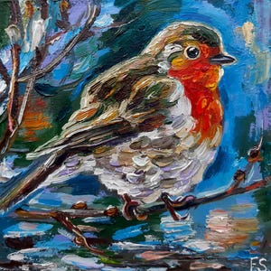Vogelolieverfschilderij Robin Origineel kunstwerk Kleine muurkunst Impressionistisch uniek cadeau